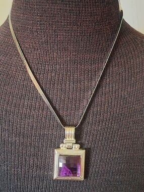 Silvertone Faux Amethyst Pendant Necklace - Purple On Herringbone Chain